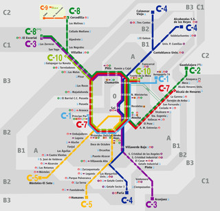 Map of Madrid cercanías, train, urban, commuter & suburban railway RENFE network